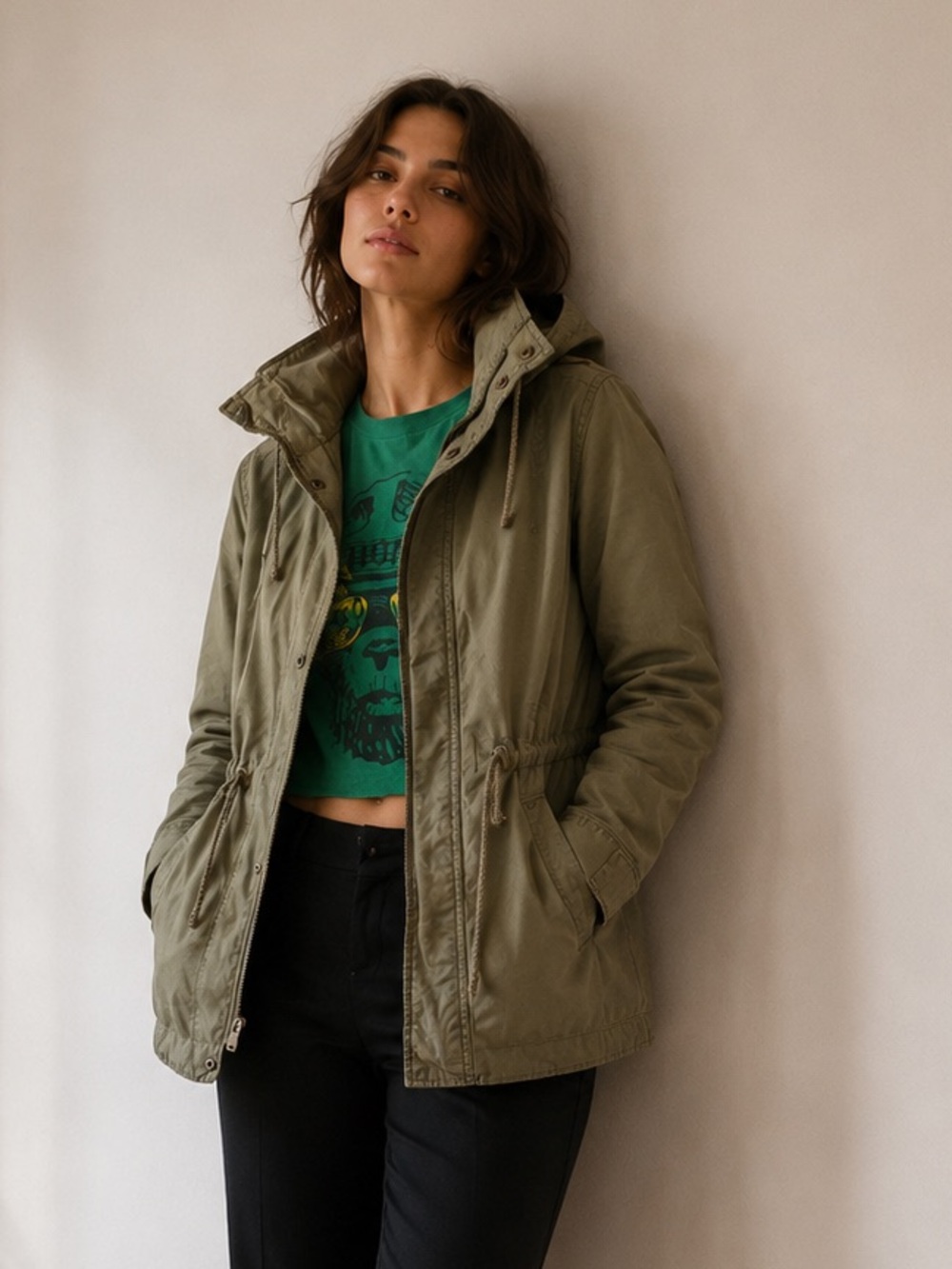 Ambiance Olive Green Utility Hooded Jacket Size Medium